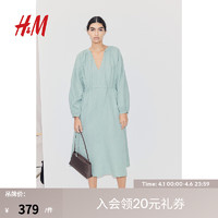 H&M女装2024春季系带设计双层宽松时尚梭织棉质连衣裙1179949 灰绿色 165/96A