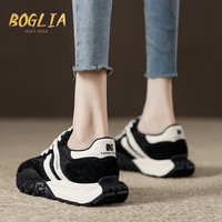 BOGLIA 伯格利亚 品牌 跑步鞋女 复古小蛮腰华夫阿甘鞋女老爹鞋加绒运动德训女鞋 黑色 单里 37