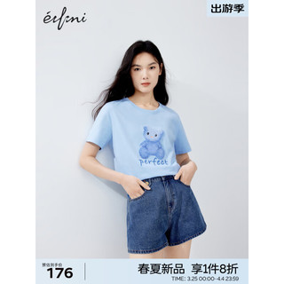 伊芙丽（eifini）伊芙丽蓝色精致重工设计感小熊T恤女2024春装百搭休闲上衣女 蓝色  170/92A/XL