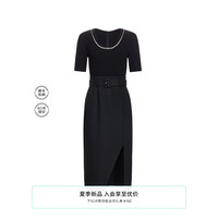 欧时力 假两件法式短袖连衣裙2024新夏配腰带小黑裙 黑色 S