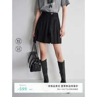 欧时力 澳羊毛 毛涤短裙女2024春装百褶通勤 黑色 S