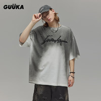 古由卡（GUUKA）LAB沙丘废土风渐变短袖T恤男夏潮复古末世感个性上衣宽松百搭 灰色 XL