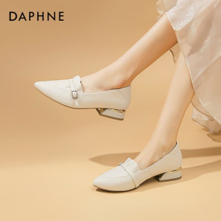 达芙妮（DAPHNE）软羊皮法式单鞋2024春季浅口一脚蹬小皮鞋女超通勤粗跟乐福鞋 米色 36