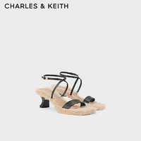 CHARLES&KEITH24春季毛绒一字带羊皮高跟凉鞋女SL1-61900028 Black黑色 38