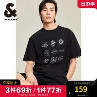 杰克·琼斯（JACK&JONES）夏季学院风水印法斗狗短袖T恤宽松圆领重磅纯棉男224201213 S03黑色 常规 S03黑色 170/92A/S