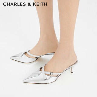 CHARLES&KEITH24夏法式尖头外穿细跟包头半拖鞋CK1-61720186 Silver银色 35