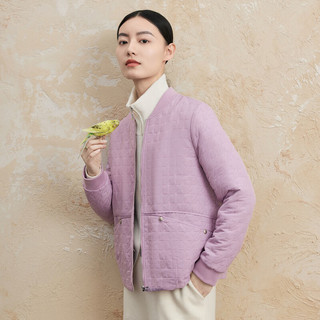 菲妮迪品牌棉衣棉服简约风千鸟格短款轻薄保暖外套女 紫色 L