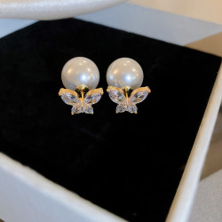 trendolla双面带锆石蝴蝶珍珠耳钉时尚优雅气质耳环小众感耳饰