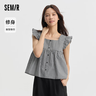 森马（Semir）无袖衬衫女短款修身方领温柔2024夏季纯棉小飞袖衬衣可爱 白黑色调00419 160/84A/M