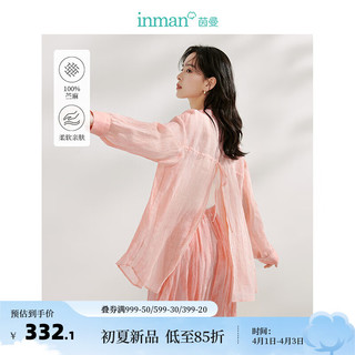 INMAN 茵曼 100%苎麻扎染粉色花衬衫2024夏季女装开衩绑带宽松上衣 粉色花 S