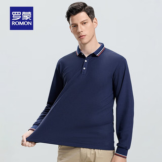 罗蒙（ROMON）长袖T恤时尚撞色翻领Polo中青年潮流百搭t恤男 藏青 190/3XL (165-180斤)