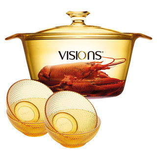 VISIONS 康宁 晶彩锅汤锅炖锅2.25L+VSD5L+晶莹碗4件组餐具碗具套装家用