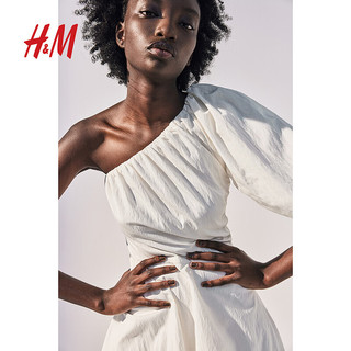 H&M女装2024夏季泡泡下摆单肩连衣裙1234910 白色 155/76A