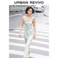 URBAN REVIVO 女士时尚薄荷曼波风收褶U领修身连衣裙 UWG740059 白绿印花 XS