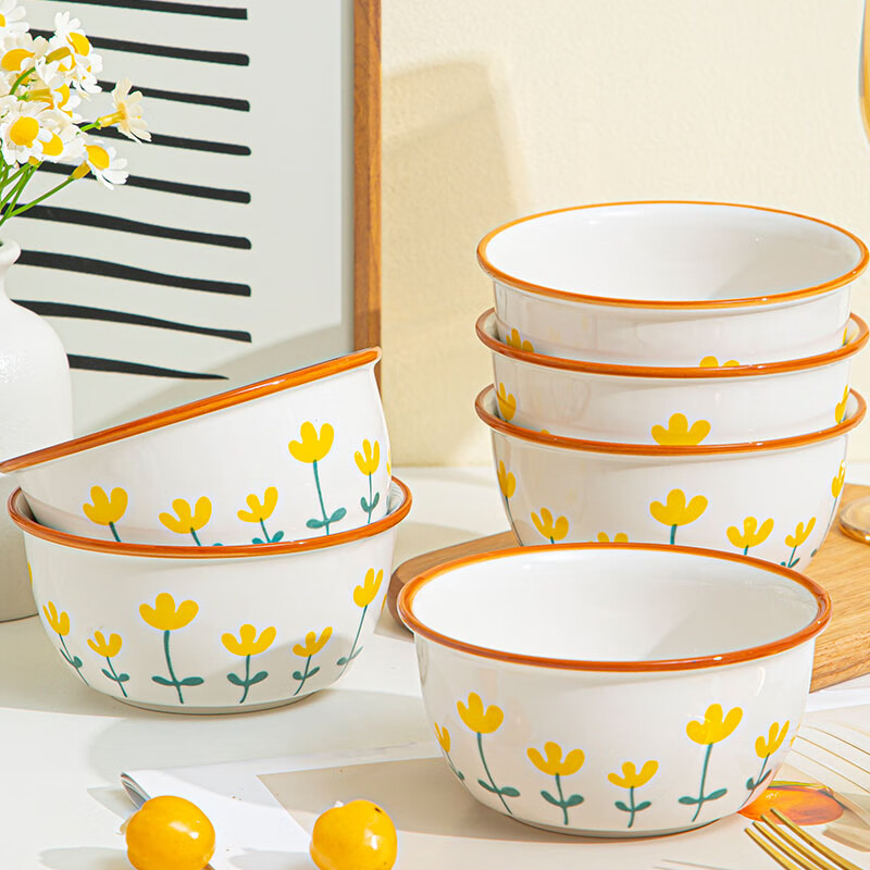 CERAMICS 佩尔森 陶瓷碗家用饭碗甜品碗加厚防烫碗 山菊花4.75英寸6只装