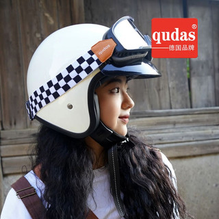 奇达士（qudas）德国品牌复古摩托车头盔男3C认证机车女四分之三盔电动车头盔 555象牙白+大框风镜 L