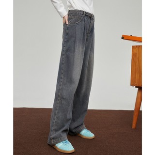 A02 复古牛仔裤显瘦大码拖地直筒裤显瘦高腰褶皱设计宽松裤子
