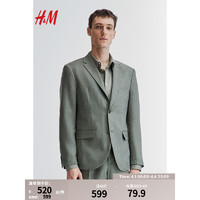 H&M男装2024春季单排扣职业装舒适修身版亚麻外套0783354 绿色 175/96A