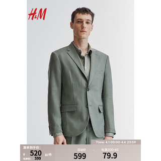H&M男装2024春季单排扣职业装舒适修身版亚麻外套0783354 绿色 175/104A