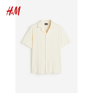 H&M男装衬衫2024春季时尚罗纹古巴领美拉德短袖上衣1220322 奶油色 175/100A