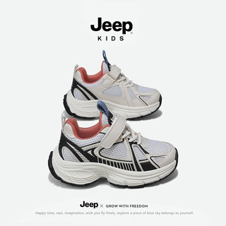 Jeep童鞋男童网面透气跑步鞋2024春季轻便厚底粘扣儿童运动鞋 黑桔 35码 鞋内长约22.5cm