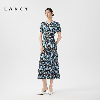 朗姿/LANCY2024夏季短袖修身碎花连衣裙女气质高级感长款裙子 夜幕黑色 S