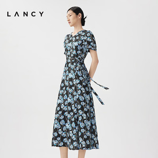 朗姿/LANCY2024夏季短袖修身碎花连衣裙女气质高级感长款裙子 夜幕黑色 S