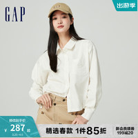 Gap女装春季2024抽绳开叉长袖刺绣翻领衬衫纯棉上衣873202 白色 160/80A(S) 亚洲尺码