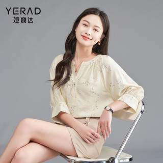 娅丽达（YERAD）新中式素竹雅致提花国风衬衫女2024夏季宽松七分袖衬衣 米色(I0) M