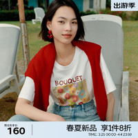 eifini 伊芙丽 春日手绘花朵插画印花设计字母T恤女2024春夏短袖上衣 本白色 S 100-110斤