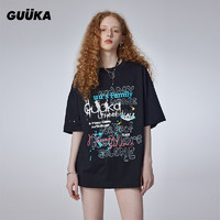 古由卡（GUUKA）潮牌猫系列可爱短袖T恤男夏 休闲简约纯棉上衣宽松百搭 黑色F4633 XS