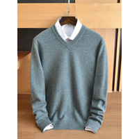 鄂绒世家 羊绒衫男100纯羊绒v领冬季中年商务纯色打底加厚毛衣 花彩绿 170/L/110
