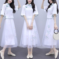 妖妮旗袍汉服女成人年轻日常2024新中式国风欧根纱雪纺刺绣两件套220 220白色两件套 M(体重90-100斤)