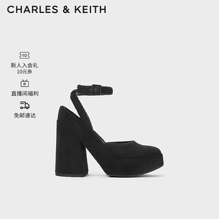 CHARLES&KEITH24春季绒布腕带方头防水台高跟鞋CK1-60280425 BLACK TEXTURED黑色纹理 40