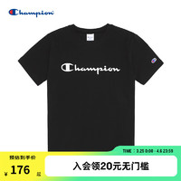 Champion 冠军T恤夏季新款纯棉胶印草写logo休闲纯色运动短袖T恤男女情侣款 黑色 M