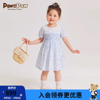 PawinPaw卡通小熊童装2024夏女宝宝蕾丝翻领小碎花连衣裙气质 Blue蓝色/50 110