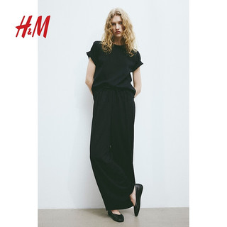 H&M 女士裤子2024春休闲时尚宽松高腰松紧腰长裤阔腿裤1216645 棕色 170/100A XL