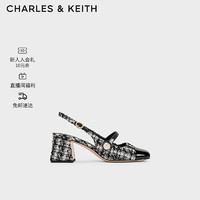 CHARLES&KEITH24春法式拼色方头粗跟玛丽珍鞋CK1-60361507 BLACK TEXTURED黑色纹理 35