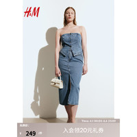 H&M女装半身裙2024春季中长款直筒高开叉牛仔裙5袋式1227700 牛仔蓝 160/72A