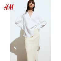 H&M2024春季新品女士休闲时尚潮流简约风套头式亚麻衬衫1219139 白色