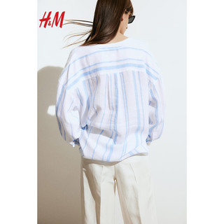 H&M2024春季女士休闲时尚潮流简约风套头式亚麻衬衫1219139 白色 170/116A XL