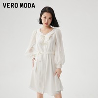 VERO MODA 衬衫式连衣裙2023春夏新款娃娃领泡泡袖蝴蝶结