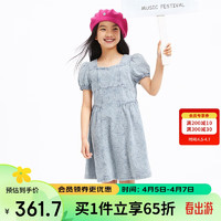 Annil 安奈儿 女童短袖连衣裙2024夏新方领气质牛仔裙A字裙 蓝调花 140