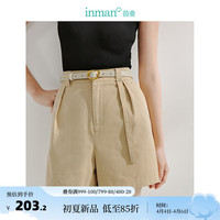 INMAN 茵曼 100%纯棉法式度假休闲短裤2024夏女装高腰显瘦宽松阔腿裤子 浅卡其 29