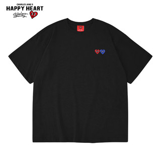 CHARLES JANG'S HAPPY HEART 查尔斯桃心 夏季纯棉桃心LOGO刺绣基础简约圆领短袖T恤男女同款 黑色 XL