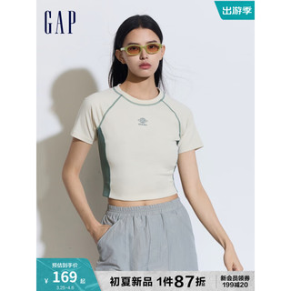 Gap女装2024夏季logo撞色拼接明线针织短袖T恤套头上衣889920 米色 165/84A(M) 亚洲尺码