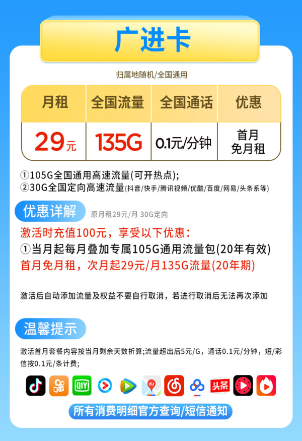 CHINA TELECOM 中国电信 广进卡 29元月租（135G流量+长期套餐+可选号码+畅享5G信号）值友赠2张20元E卡