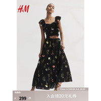 H&M女装2024春季田园风休闲舒适碎花裙亚麻混纺长裙1225776 黑色/花卉 165/80A