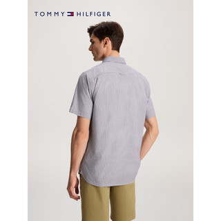 TOMMY HILFIGER【休闲条纹】 24春夏男纯棉府绸弹力合身短袖衬衫33808 深蓝白条纹0A6 M (：135-150斤)