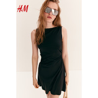 H&M 2024夏季女装时尚休闲喇叭裙摆碎褶连衣裙1219245 黑色 160/88A S